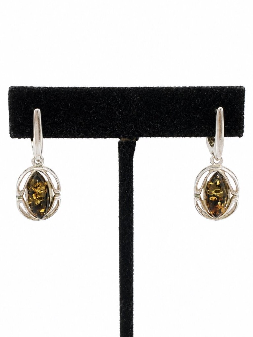 AMBER EARRINGS Silver Tone Leverback Marquise Cabochon Openwork Dangle Vintage